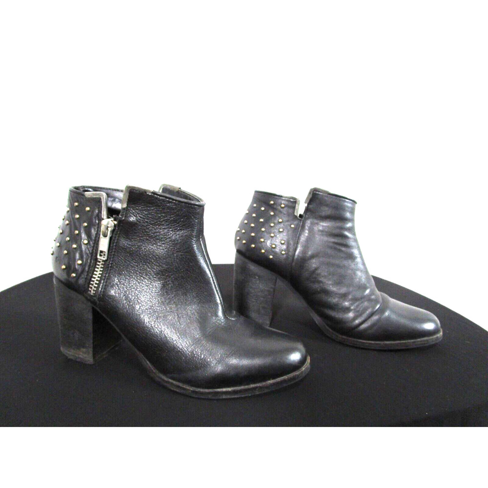 Diba Black Leather Gold Studded Medium Heel Ankle Booties Women 6 US/36 EU